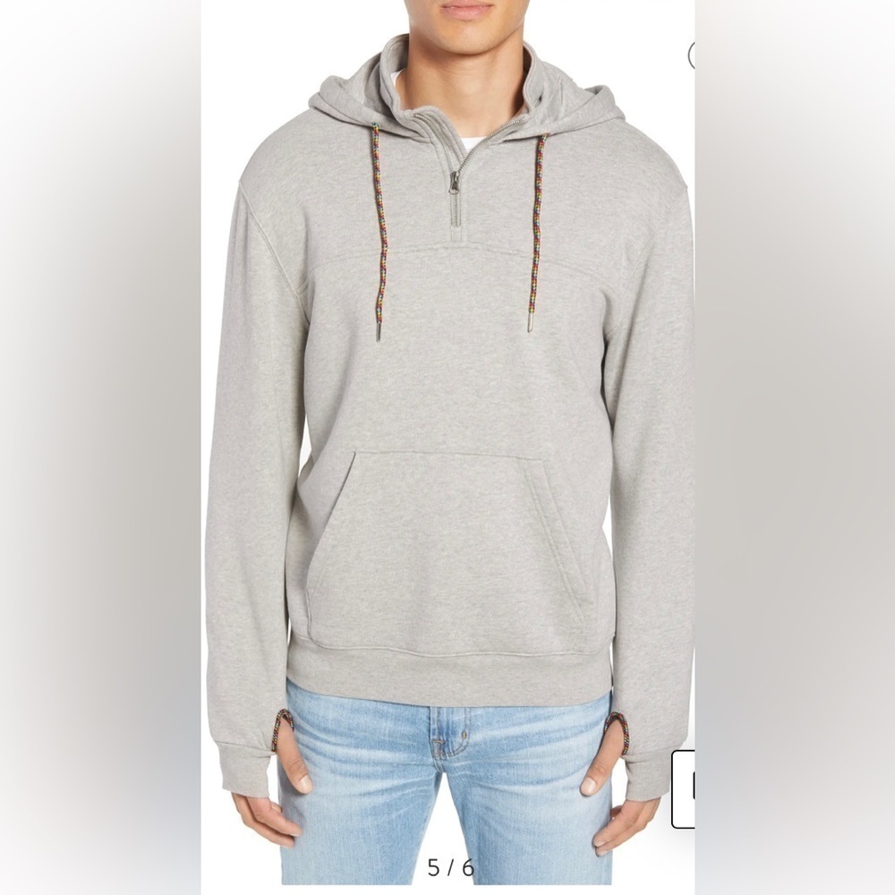 Frame Classic Fit Gray 1/4 Zip Hoodie Sweatshirt Size Large Rainbow Drawstring